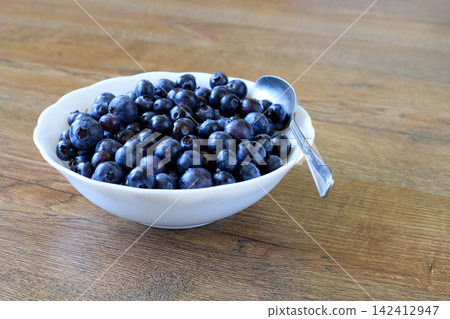 Tasty Raw Blueberries and Forest Bilberries in White Dish on Wooden Countertop Tasty Raw Blueberries and Forest Bilberries in White Dish on Wooden Countertop 142412947