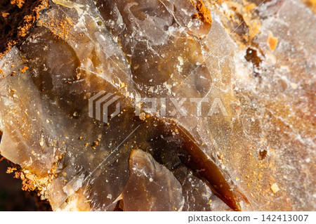 Freshly fractured chalcedony nodule showing smooth glassy texture with conchoidal patterns, embedded in raw desert soil and clay, macro view of geological specimen found outdoors Freshly fractured chalcedony nodule showing smooth glassy texture with conchoidal patterns, embedded in raw desert soil and clay, macro view of geological specimen found outdoors 142413007