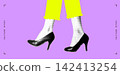 Trendy Halftone Fashion Illustration with High Heels and Bright Yellow Trousers on Purple Background 142413254
