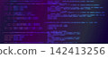 Futuristic Purple Glowing Computer Coding Terminal Interface with Programming Script Lines and Digital Source Code 142413256