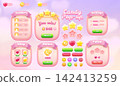 Cute Candy Match 3 Game GUI Vector Set with Sweet Popup Windows, Leaderboard, Shop, Bonus, Settings, Victory, Failure, Stars, Hearts, Coins and Colorful Mobile Game Interface Elements 142413259