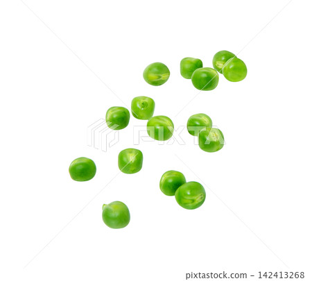 Green pea beans falling on white. Close-up. Green pea beans falling on white. Close-up. 142413268