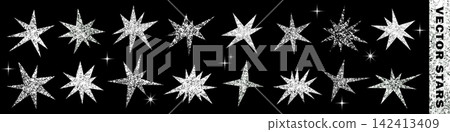Irregular stars cut out of silver glitter paper collection. Shiny metallic star shapes for collage and scrapbook. Festive Christmas elements, New year clip art, vector textured stickers isolated Irregular stars cut out of silver glitter paper collection. Shiny metallic star shapes for collage and scrapbook. Festive Christmas elements, New year clip art, vector textured stickers isolated 142413409