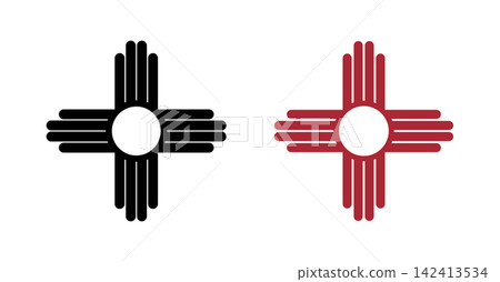 Zia outline symbols. Set of New Mexico state logo black, red layouts. Ancient native Americans silhouette sign icon, sticker, badge. Zia outline symbols. Set of New Mexico state logo black, red layouts. Ancient native Americans silhouette sign icon, sticker, badge. 142413534
