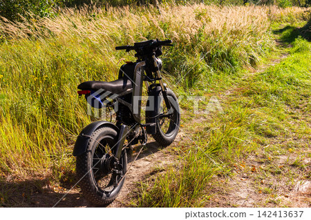 Modern electric bicycle parked on a rural trail, fat tire e-bike featuring robust frame design resting amidst golden wild grasses on a sunny summer day in the countryside Modern electric bicycle parked on a rural trail, fat tire e-bike featuring robust frame design resting amidst golden wild grasses on a sunny summer day in the countryside 142413637
