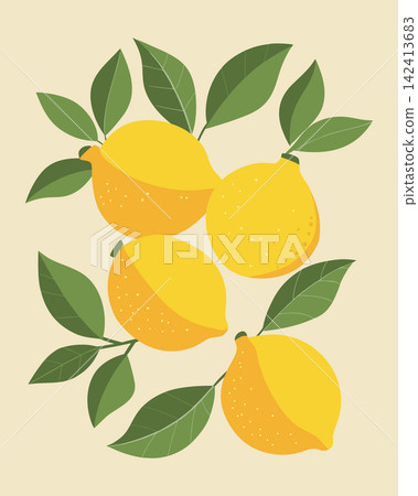 Juicy lemon fruits with leaves composition. Juicy lemons with leaves poster. Juicy lemon fruits with leaves composition. Juicy lemons with leaves poster. 142413683