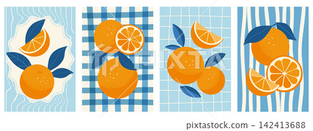 Orange Fruit with Patterned Panels Illustration Set. Juicy Oranges with leaves poster set. Mediterranean illustrations. Orange Fruit with Patterned Panels Illustration Set. Juicy Oranges with leaves poster set. Mediterranean illustrations. 142413688