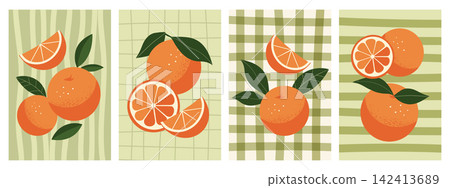 Orange Fruit with Patterned Panels Illustration Set. Juicy Oranges with leaves poster set. Mediterranean illustrations. Orange Fruit with Patterned Panels Illustration Set. Juicy Oranges with leaves poster set. Mediterranean illustrations. 142413689