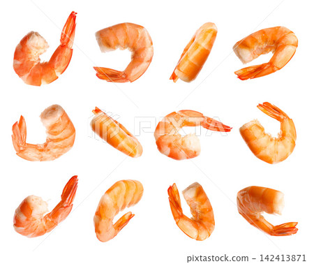 Set of delicious freshly cooked shrimps on white background Set of delicious freshly cooked shrimps on white background 142413871