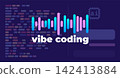 Vibe Coding Text with Colorful Audio Sound Waveform Visualization and AI Processor Chip Icon on Dark Purple Background 142413884