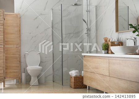 Interior of stylish bathroom with shower unit Interior of stylish bathroom with shower unit 142413895