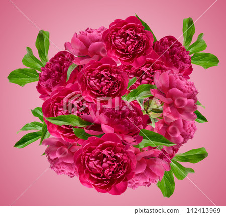 Round bouquet of red peonies and green leaves on a red background, festive wreath Round bouquet of red peonies and green leaves on a red background, festive wreath 142413969