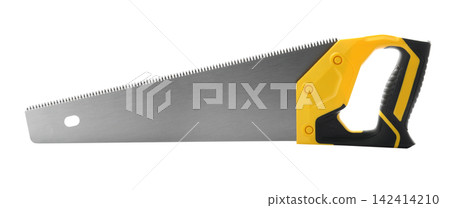 Modern hand saw isolated on white. Carpenter's tool Modern hand saw isolated on white. Carpenter's tool 142414210