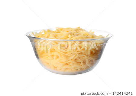 Glass bowl with grated cheese isolated on white Glass bowl with grated cheese isolated on white 142414241