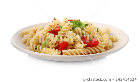Tasty pasta with broccoli and cherry tomatoes isolated on white Tasty pasta with broccoli and cherry tomatoes isolated on white 142414524