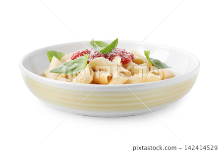 Delicious maltagliati pasta with tomato sauce isolated on white Delicious maltagliati pasta with tomato sauce isolated on white 142414529