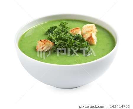 Tasty kale soup with croutons isolated on white Tasty kale soup with croutons isolated on white 142414705