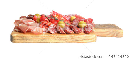 Wooden board with tasty prosciutto and other delicacies isolated on white Wooden board with tasty prosciutto and other delicacies isolated on white 142414830