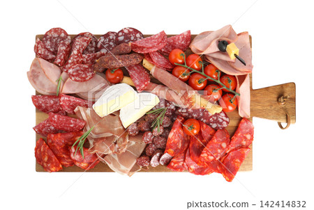 Wooden board with tasty ham and other delicacies isolated on white, top view Wooden board with tasty ham and other delicacies isolated on white, top view 142414832