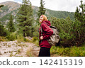 Woman hiking along a rocky trail surrounded by trees on a sunny day in the mountains 142415319