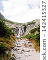 Waterfall flows down rocky slope in mountain area during daytime under partly cloudy sky 142415327