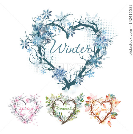 4 seasons of the year. Four seasons - spring, summer, autumn, winter. Hand drawn. Not AI, vector illustration. 142415582