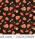 Seamless watercolor autumn pattern with rowan berries and mushrooms on a dark background. 142415609