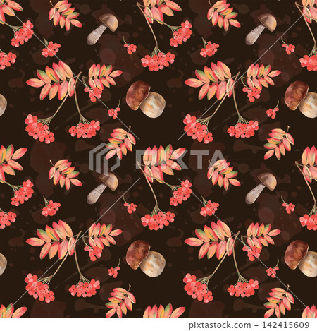 Seamless watercolor autumn pattern with rowan berries and mushrooms on a dark background. Seamless watercolor autumn pattern with rowan berries and mushrooms on a dark background. 142415609