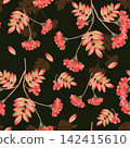 Seamless pattern of watercolor rowan berries and colorful autumn foliage on a dark background. 142415610
