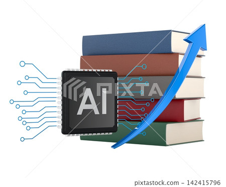 AI chip with books and rising arrow, education technology growth concept. 3D rendering AI chip with books and rising arrow, education technology growth concept. 3D rendering 142415796