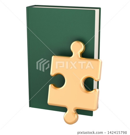 Book with golden puzzle piece, education and problem solving concept. 3D rendering Book with golden puzzle piece, education and problem solving concept. 3D rendering 142415798