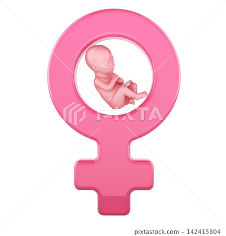Female gender symbol with fetus for pregnancy and reproductive health concept. 3D rendering Female gender symbol with fetus for pregnancy and reproductive health concept. 3D rendering 142415804