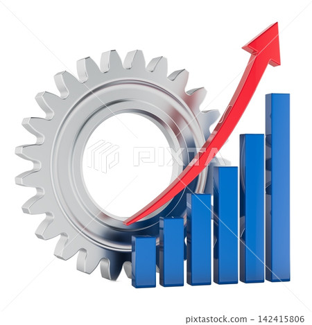 Gear with bar chart and rising arrow, productivity and business growth concept. 3D rendering Gear with bar chart and rising arrow, productivity and business growth concept. 3D rendering 142415806