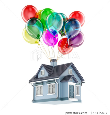 House lifted by balloons, rising real estate prices and housing market growth concept. 3D rendering House lifted by balloons, rising real estate prices and housing market growth concept. 3D rendering 142415807