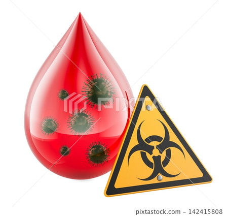 Infected blood drop with biohazard warning sign and virus particles. 3D rendering Infected blood drop with biohazard warning sign and virus particles. 3D rendering 142415808
