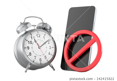 Smartphone restriction with alarm clock and prohibition sign, digital detox concept. 3D rendering Smartphone restriction with alarm clock and prohibition sign, digital detox concept. 3D rendering 142415822