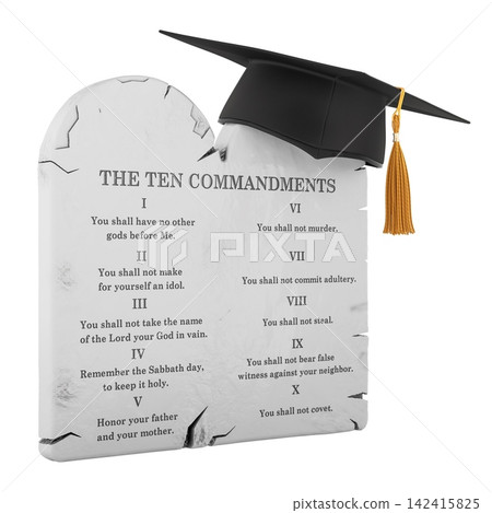 Ten Commandments stone tablets with graduation cap for religious education. 3D rendering Ten Commandments stone tablets with graduation cap for religious education. 3D rendering 142415825