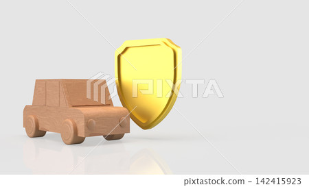 Wooden Toy Car Protected by Golden Shield 3d render. Wooden Toy Car Protected by Golden Shield 3d render. 142415923