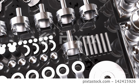 Precision Automotive Engine Components in Chrome 3d render. 142415926