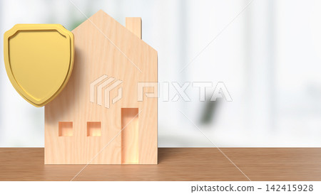 Wooden House with Golden Shield Protection Concept 3d render. 142415928
