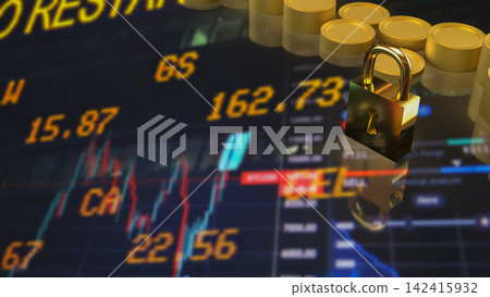 Golden Padlock Protecting Financial Investments 3d render. Golden Padlock Protecting Financial Investments 3d render. 142415932