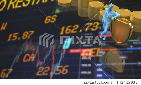 Businessman Protecting Investments With Golden Shield 3d render. Businessman Protecting Investments With Golden Shield 3d render. 142415933