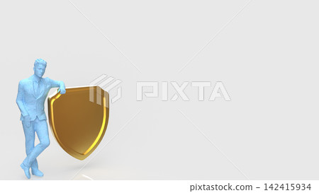 Confident Businessman Standing Beside Golden Shield 3d render. Confident Businessman Standing Beside Golden Shield 3d render. 142415934