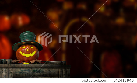 Glowing Halloween Pumpkin Wearing a Green Top Hat 3d render. Glowing Halloween Pumpkin Wearing a Green Top Hat 3d render. 142415946