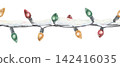 Seamless Border of multicolored Christmas Lights under the snow. Watercolor illustration of a garland. Hand drawn holiday decoration on white isolated background. Watercolour painting art image 142416035