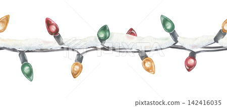 Seamless Border of multicolored Christmas Lights under the snow. Watercolor illustration of a garland. Hand drawn holiday decoration on white isolated background. Watercolour painting art image Seamless Border of multicolored Christmas Lights under the snow. Watercolor illustration of a garland. Hand drawn holiday decoration on white isolated background. Watercolour painting art image 142416035