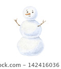 Snowman clip art. Watercolor illustration of a Winter Christmas decoration. Hand drawn sketch on white isolated background. Water color art image. Cute happy cartoon character 142416036