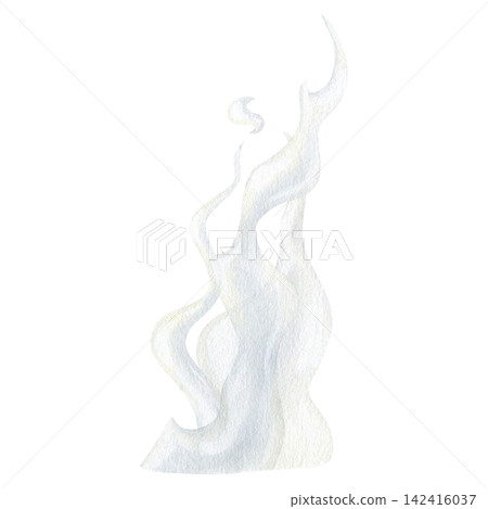 White steam cloud isolated on white background. Watercolor illustration of a rising hot smoke vapor effect, ethereal mist and swirling fog texture for food and beverage sketch overlays 142416037