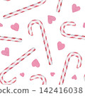 Seamless pattern of Christmas Candy Canes with hearts. Watercolor illustration of a holiday sweets. Hand drawn sketch on white isolated background. Water color art. A cute print for New Year's design 142416038