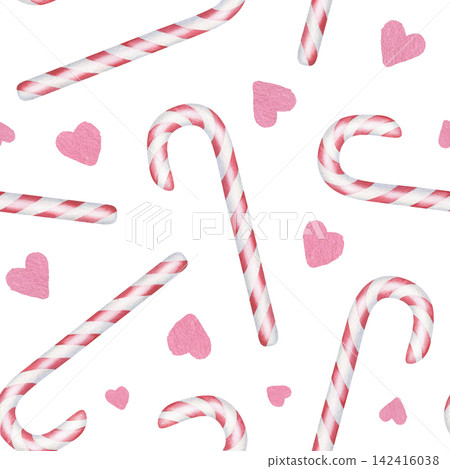 Seamless pattern of Christmas Candy Canes with hearts. Watercolor illustration of a holiday sweets. Hand drawn sketch on white isolated background. Water color art. A cute print for New Year's design Seamless pattern of Christmas Candy Canes with hearts. Watercolor illustration of a holiday sweets. Hand drawn sketch on white isolated background. Water color art. A cute print for New Year's design 142416038